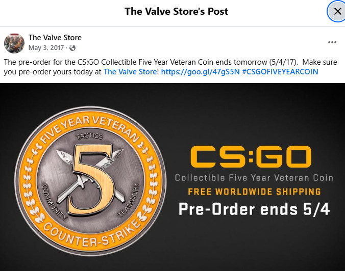 Authentic CSGO 5 Year Veteran Coin/Medal Valve Corporation Counter Strike Merch