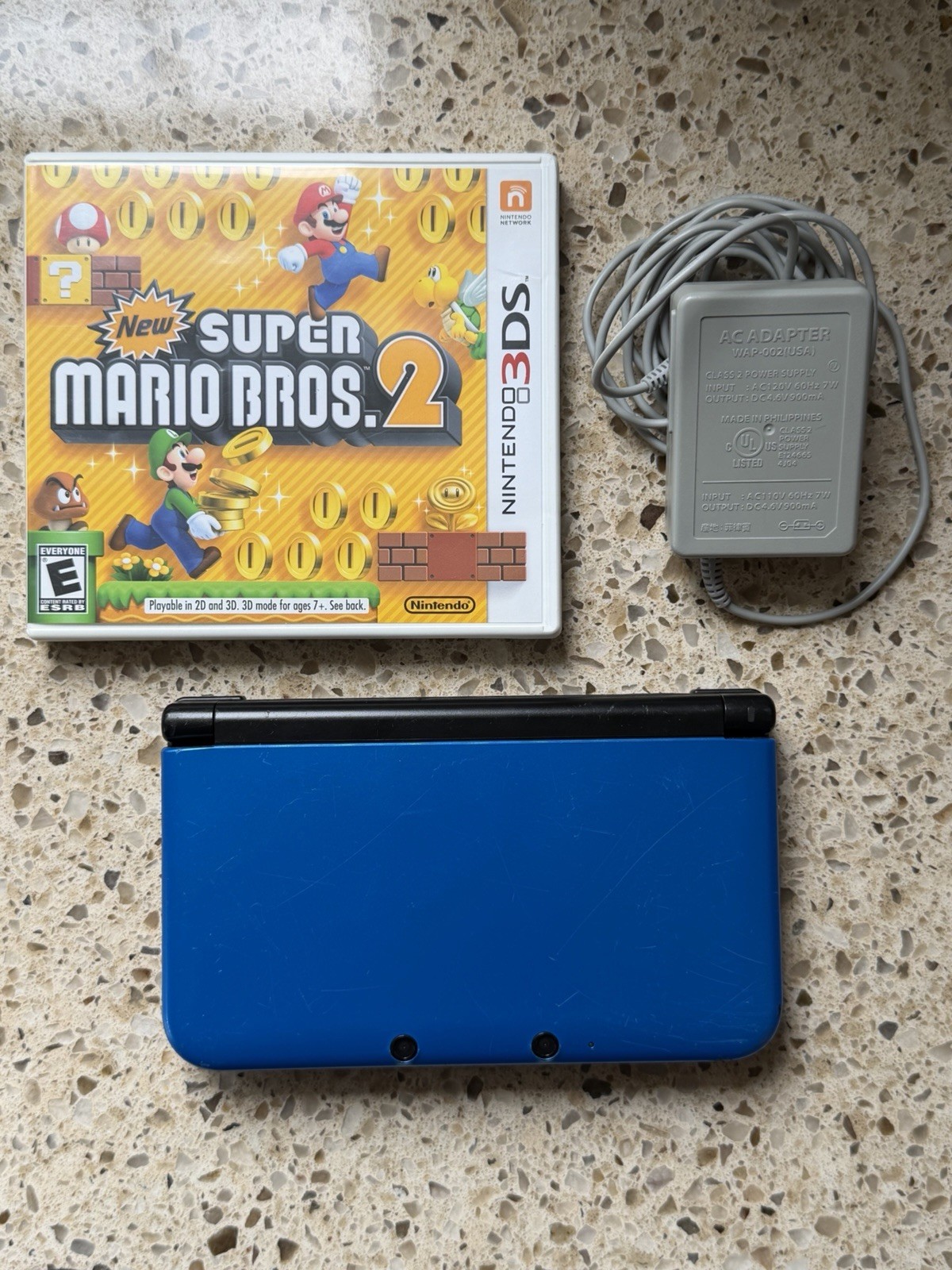 Nintendo 3DS XL (Metallic Blue) with Charger, New Super Mario Bros. 2 Tested