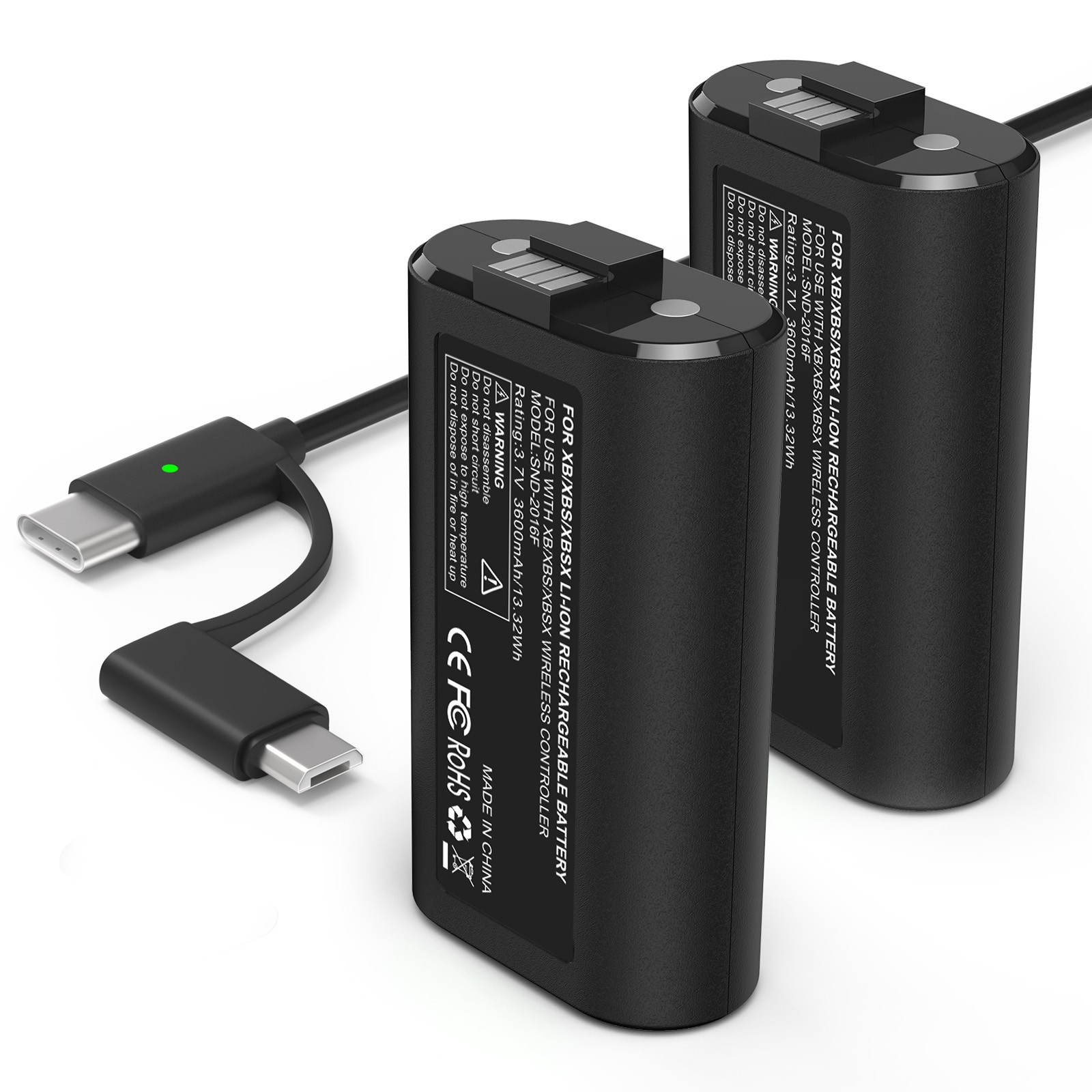 2 Pack Rechargeable Battery + Charge Kit Cable For Xbox One Controller 3600 mAh