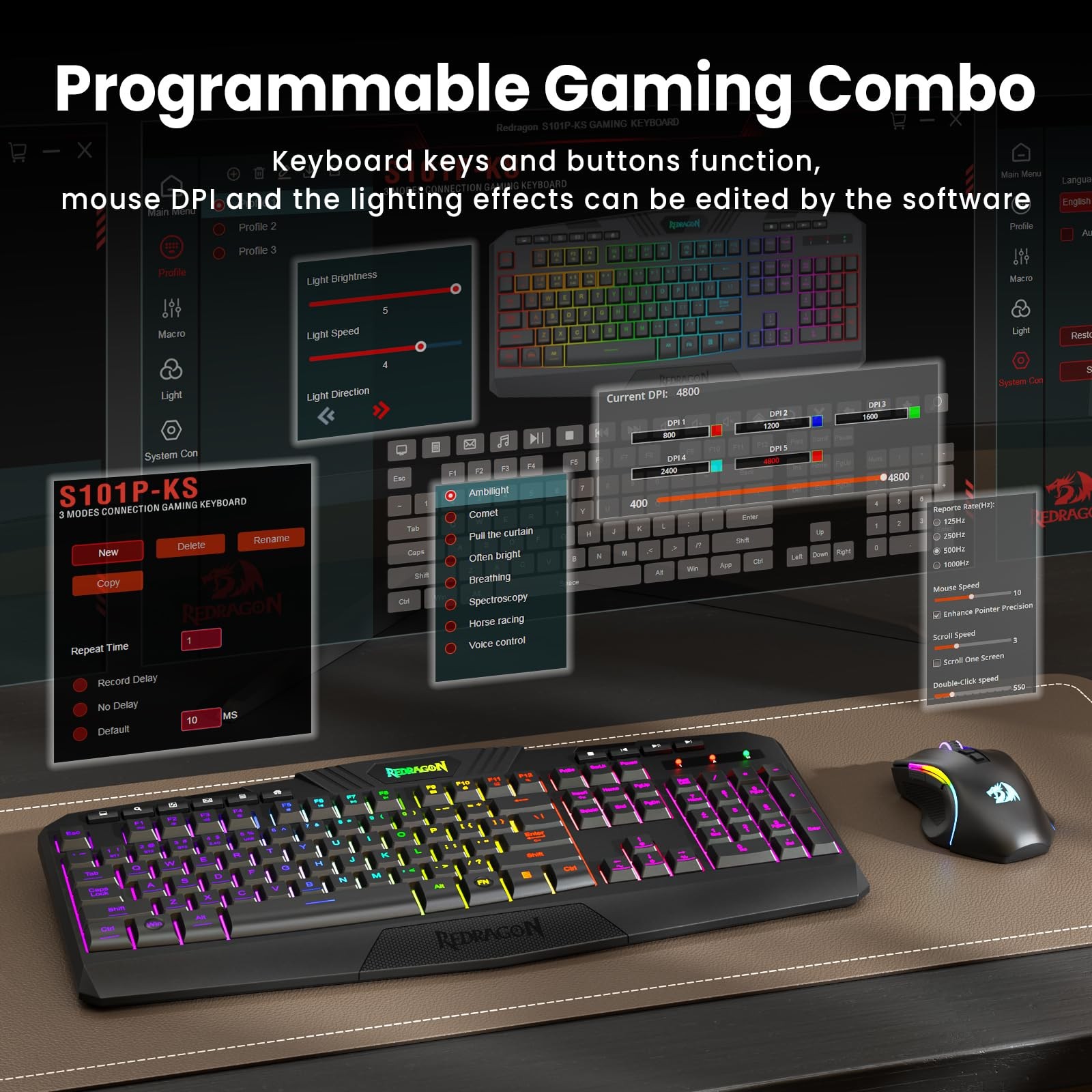 Redragon S101M-Ks Gaming Keyboard And Mouse Wireless Tri-Mode Rgb Keyboard And