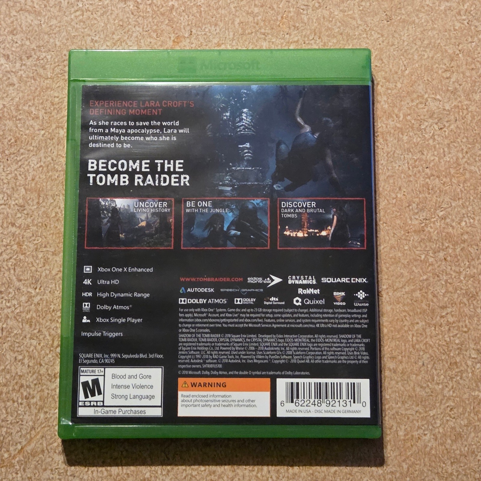 Square Enix Shadow of the Tomb Raider Xbox One N/A Green Good 4K HDR 2018
