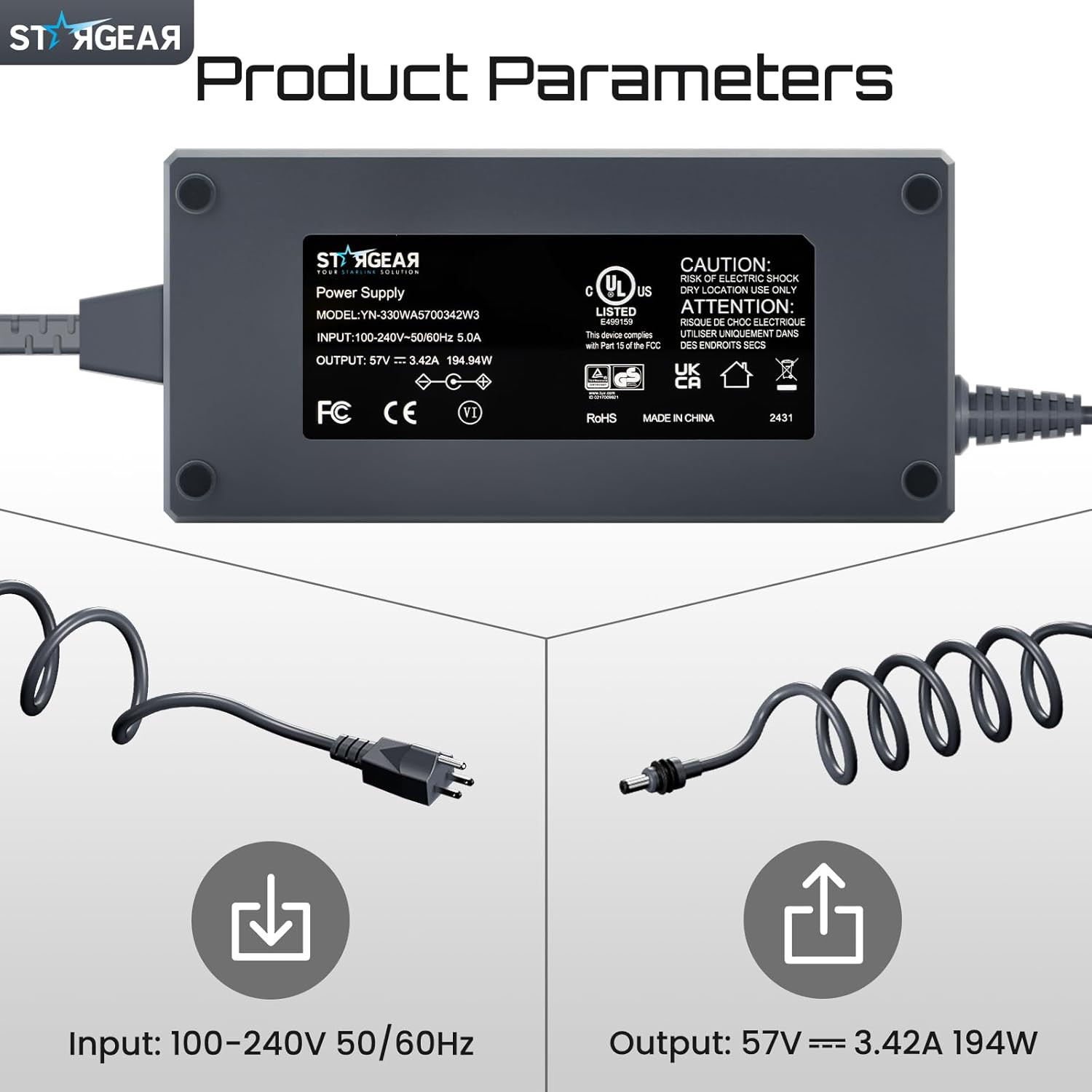 Starlink Gen 3 195W AC Power Adapter & Supply Cable for Reliable Connectivity