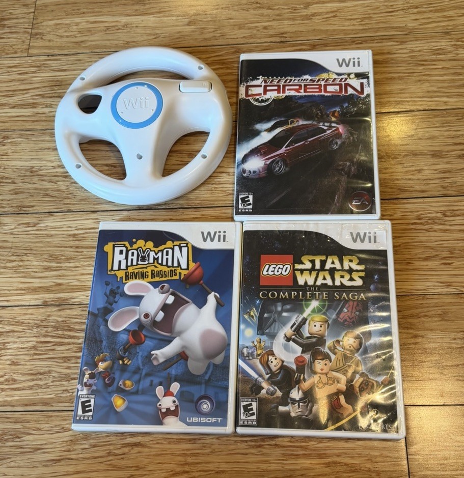 3 Game Lot Nintendo Wii + Wheel Rayman Lego Star Wars Need Speed Carbon Tested
