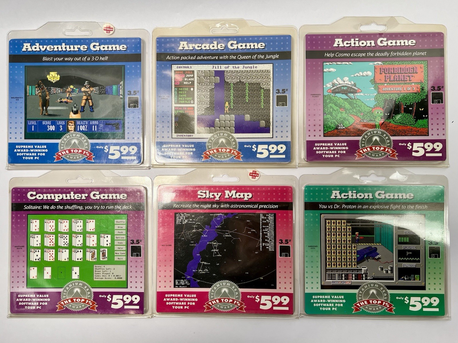 Lot (6) Vintage PC Games, Titanium Seal Wolfenstein 3-D, Jill Of The Jungle, Etc