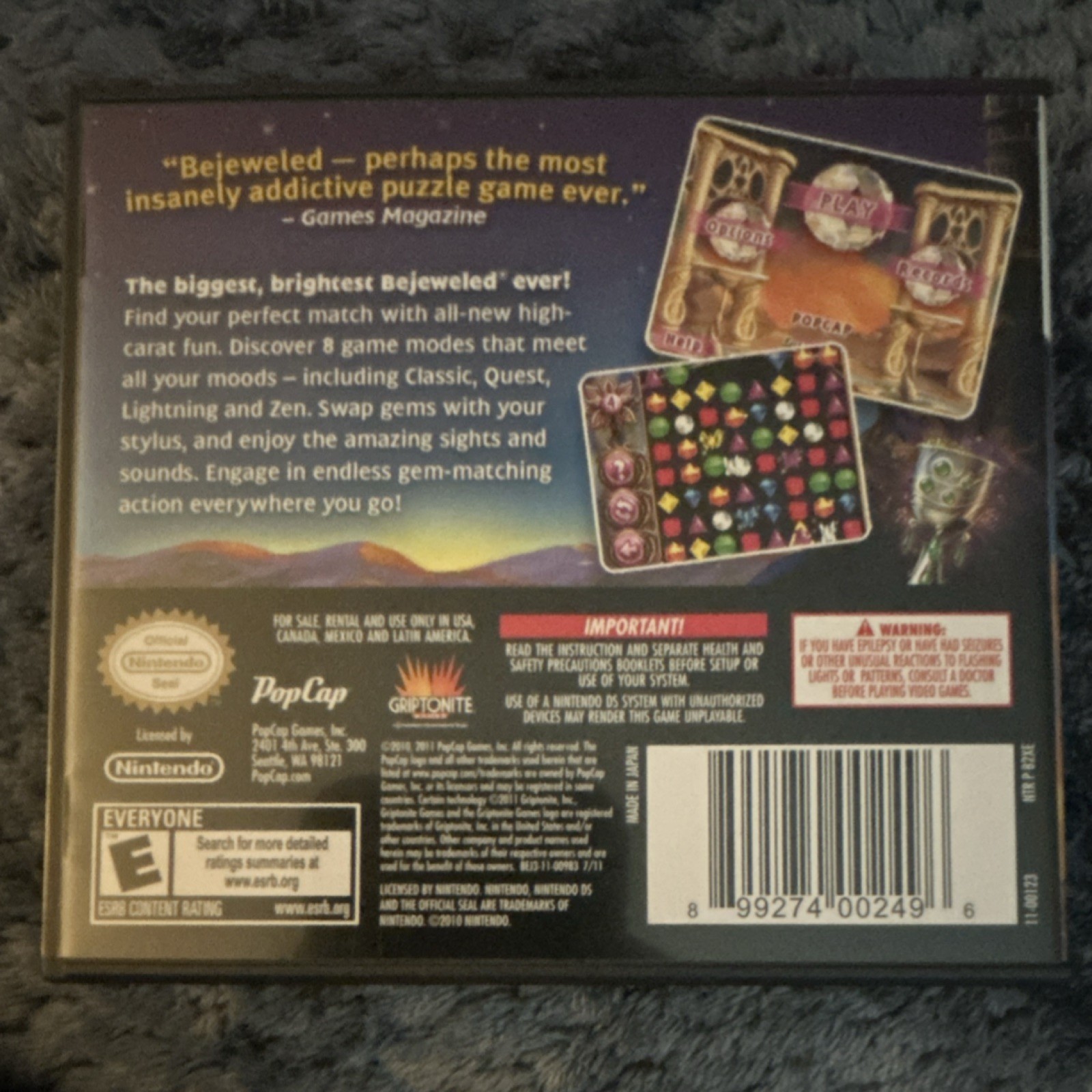 PopCap Bejeweled 3 Nintendo DS Puzzle Match-3 Manual Included E 2011 NTSC-U/C