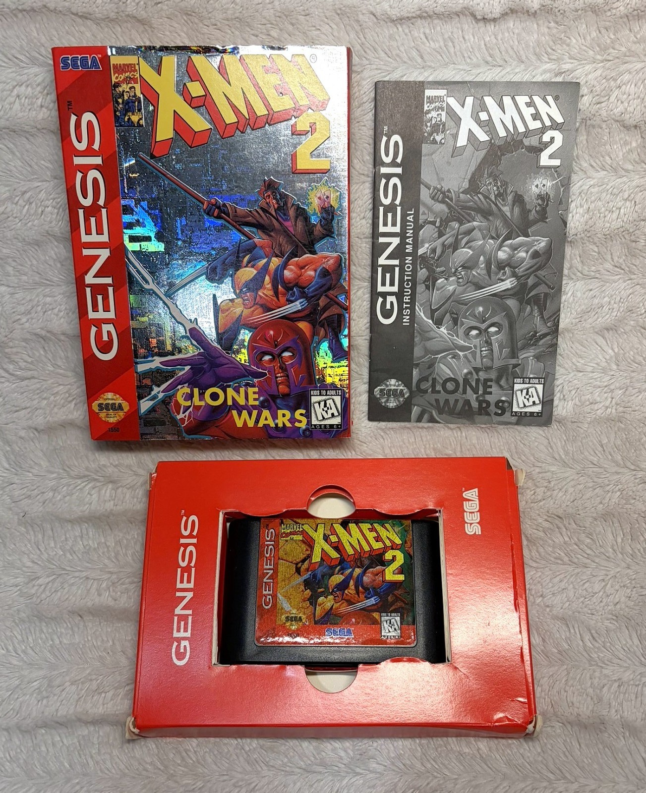 X-Men 2: Clone Wars Sega Genesis Complete CIB w/ Manual Holographic Box 1 Owner