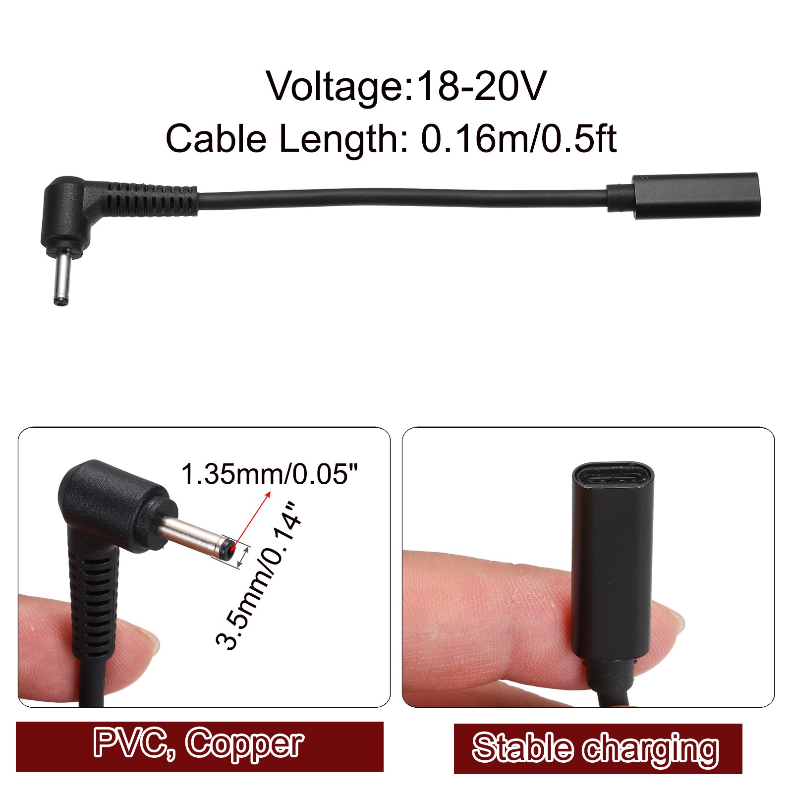 0.5FT USB C to DC PD Power Fast Charging Cable, 3.5mmx1.35mm 65W/18V-20V(Black)