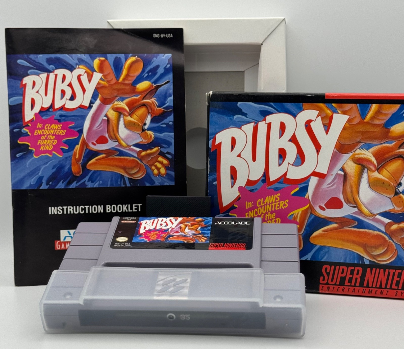 Super Nintento SNES Bubsy, Game, Box, Instructions, Verified Working