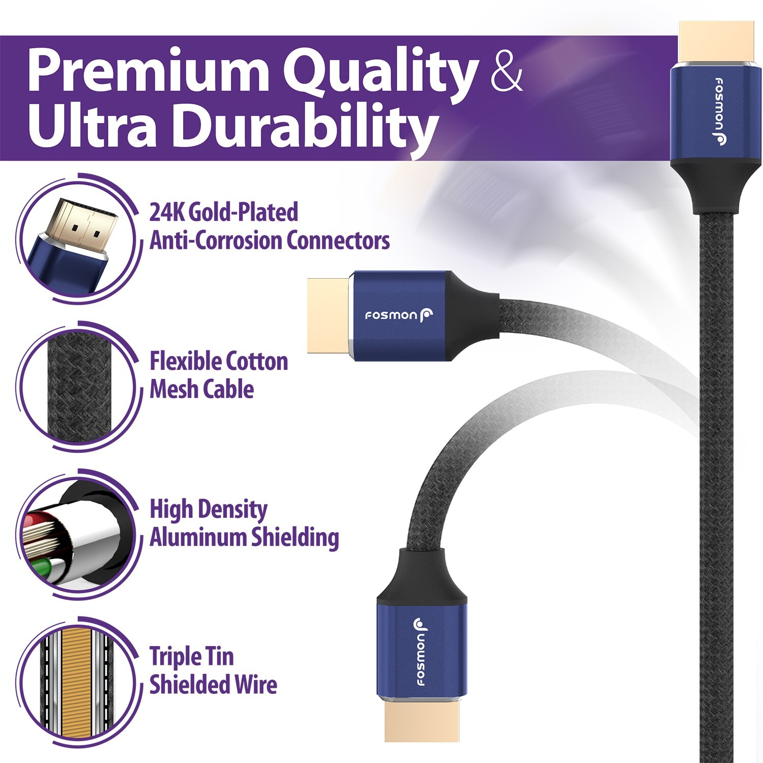 Fosmon [6FT][4K UHD|3D Ready] Gold Plated High Speed Ethernet HDMI 2.0 Cable