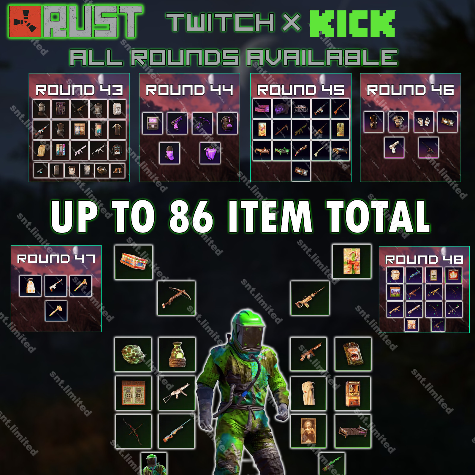 RUST – Kick & Twitch Drops | ALL Available | Up to 86 Item Total | STEAM