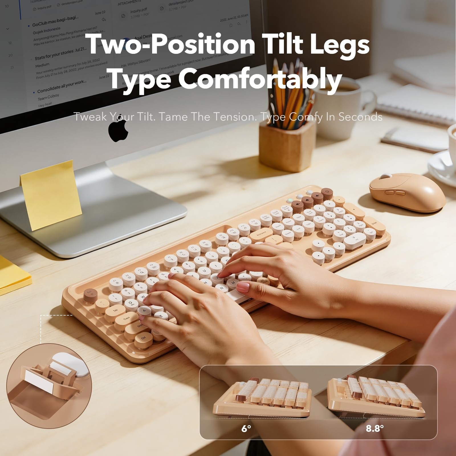 Wireless Keyboard and Mouse Combo with Retro Round Keycaps, Full-Size Cute Ty…