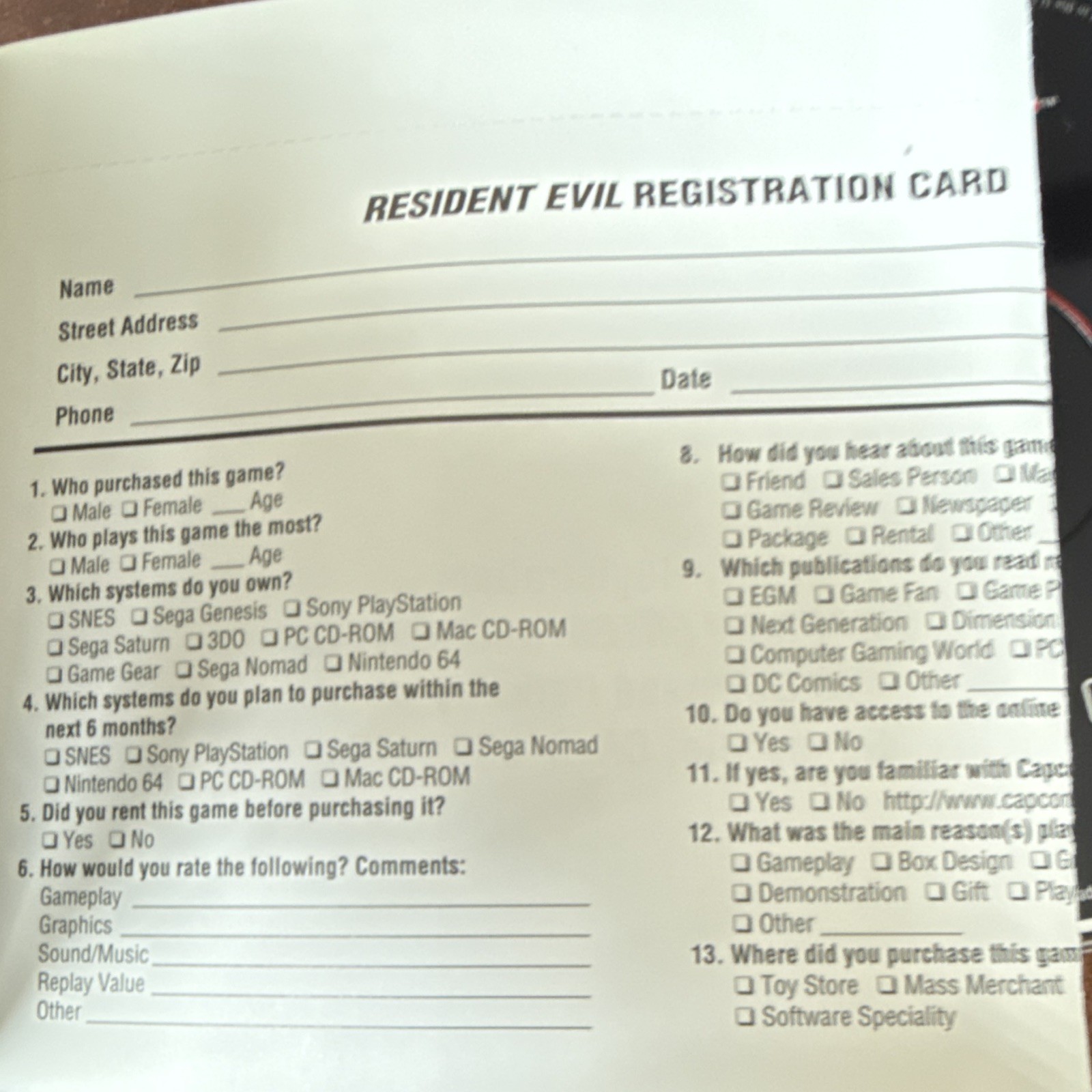 Capcom Resident Evil PS1 w/Manual & registration card M-Mature NTSC-U/C 1996
