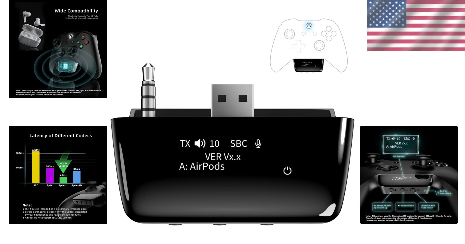 Bluetooth 5.2 Wireless Audio Adapter for Xbox Controllers – Low Latency, OLED
