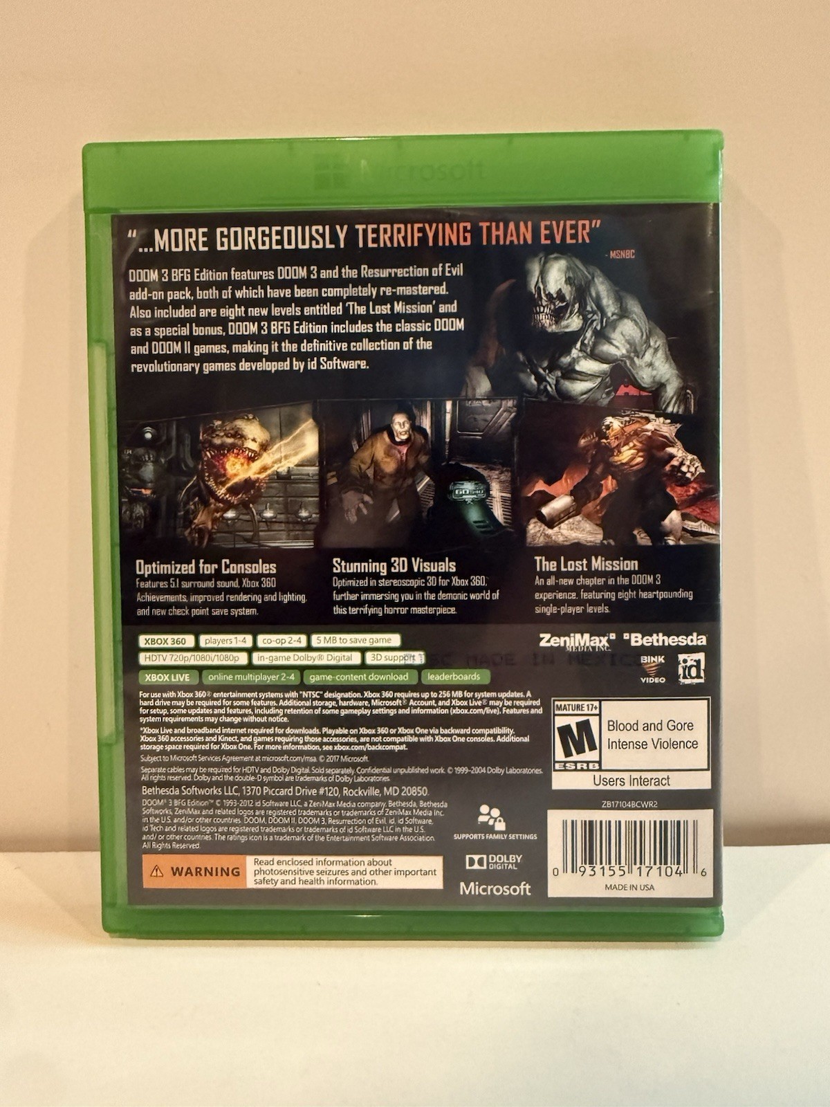 Doom 3 — BFG Edition (Microsoft Xbox One, 2012) – CIB w/ Poster – Tested