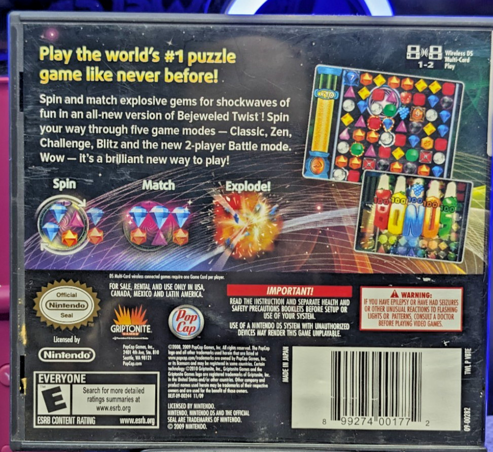 Bejeweled Twist (Nintendo DS, 2010) Complete With Manuals CIB