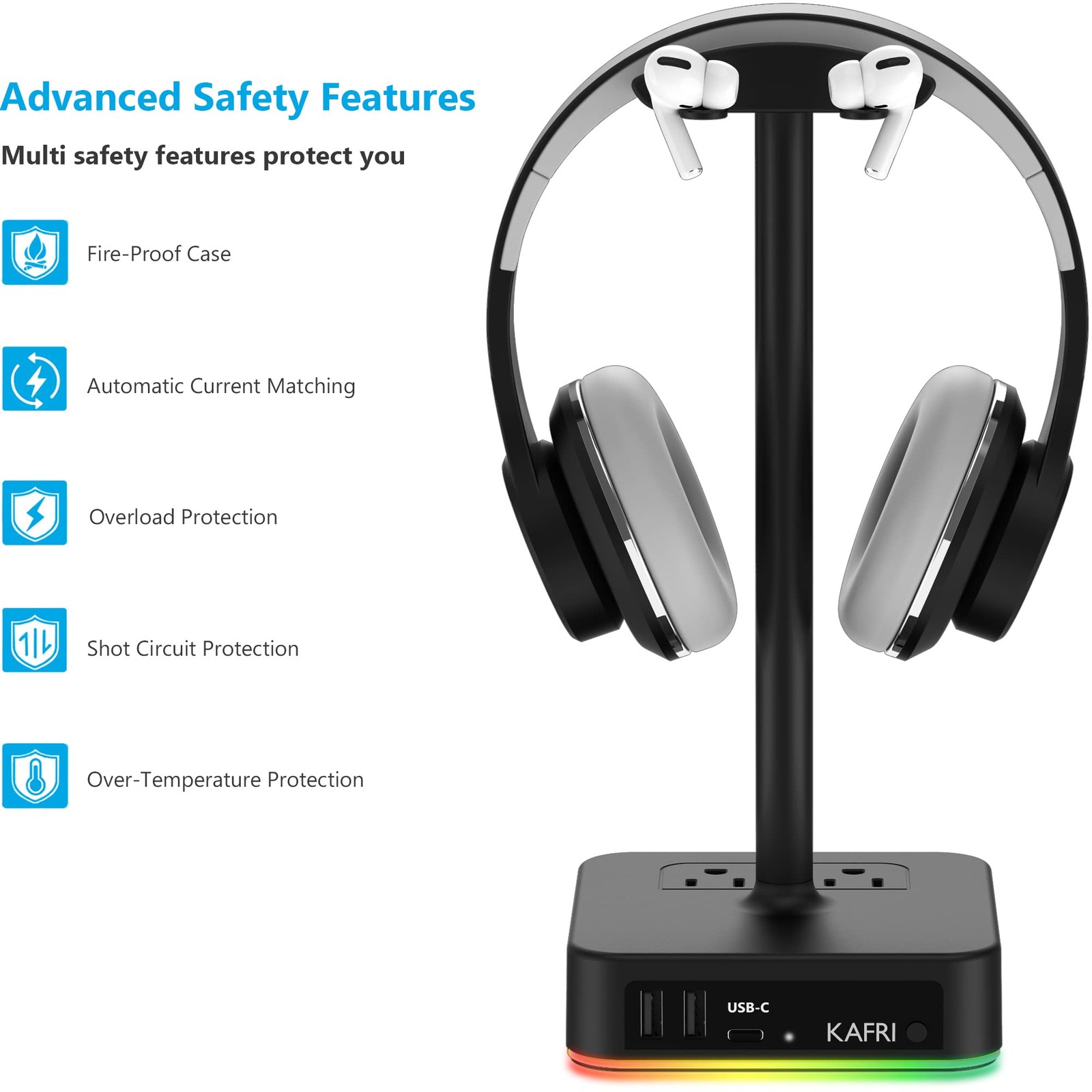RGB Headphone Stand with USB A&C Charger Desk Gaming Headset Holder Hanger Ra…