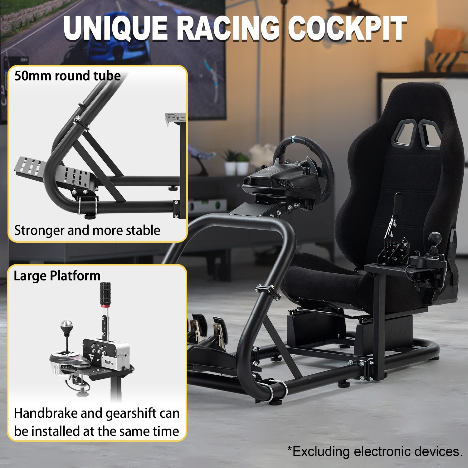 Marada Racing Simulator Cockpit with Black Seat fit Logitech G29 G923 G920 T300