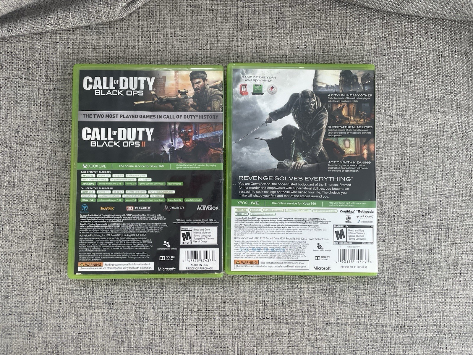 Call of Duty Combo Pack Black Ops 1 & 2, And Dishonored For Xbox 360. Tested