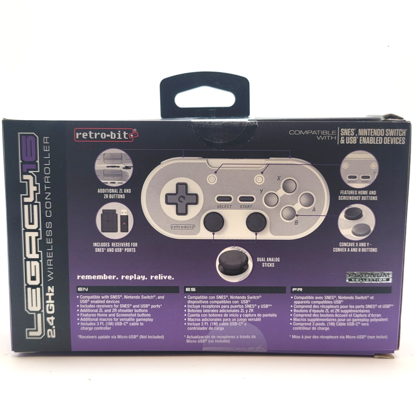 Retro-Bit Legacy 16 Wireless 2.4GHz Controller for SNES, Switch, PC, Mac – Gray