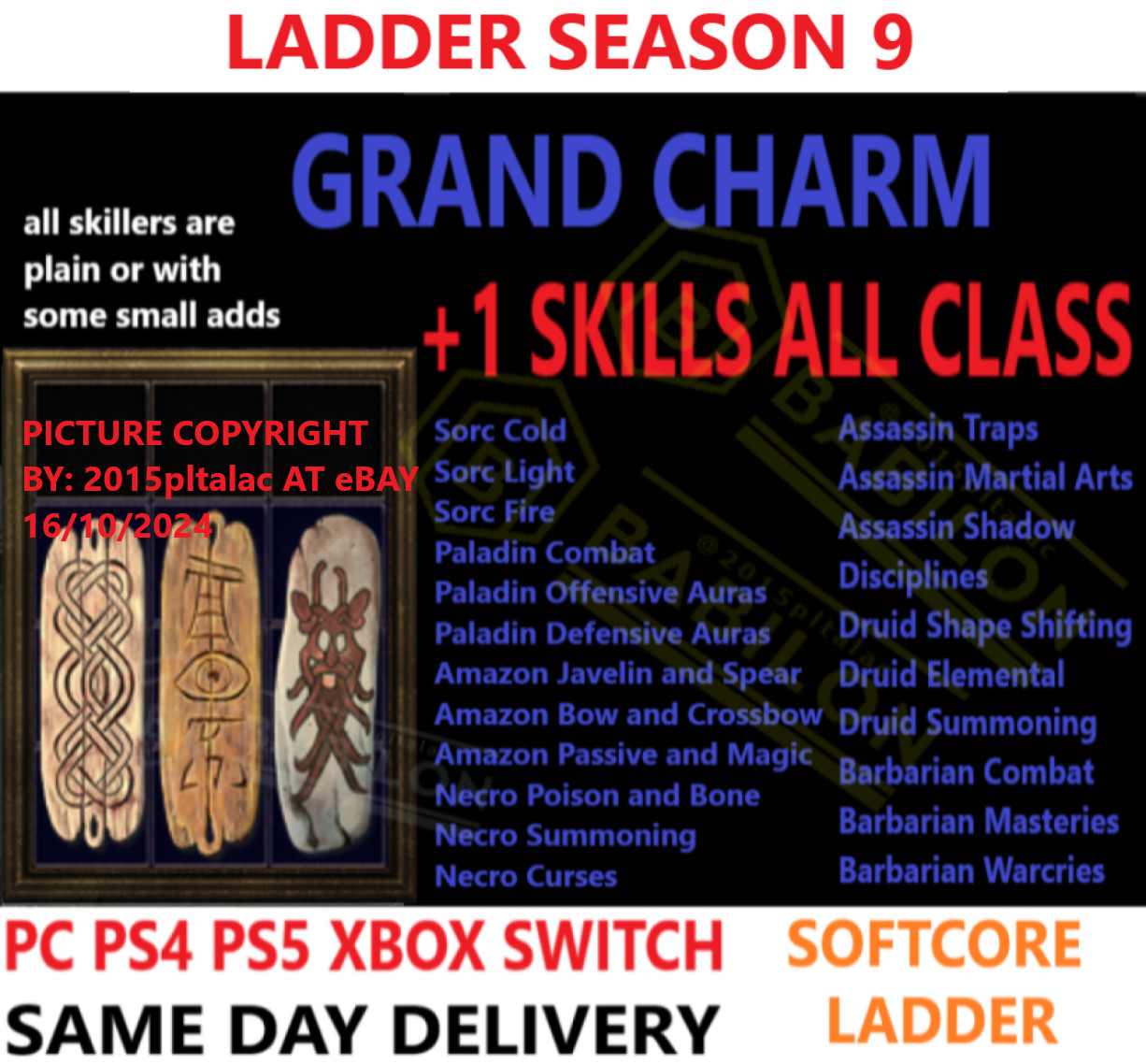 LADDER✅PC PS4 PS5 XBOX SWITCH✅CHARMS +1 SKILL ALL CLASS DIABLO 2 RESURRECTED D2R