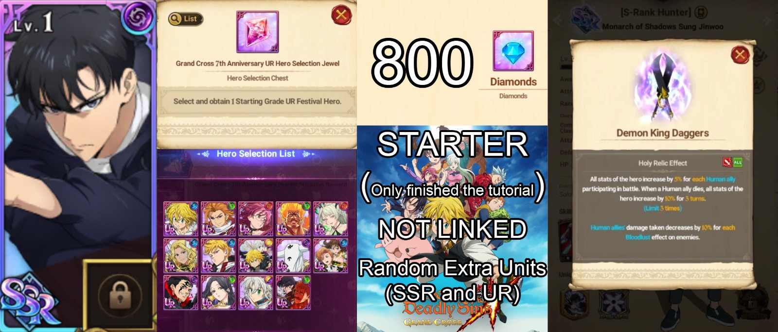 SEVEN DEADLY SINS GRAND CROSS, Solo Leveling, Jinwoo, RELIC, 800 Diamonds GLOBAL