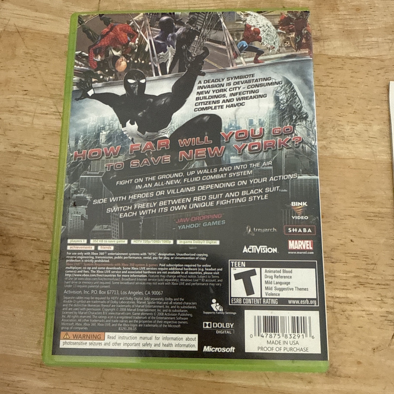 Spider-Man: Web of Shadows (Microsoft Xbox 360) CIB Tested Case Manual Disc