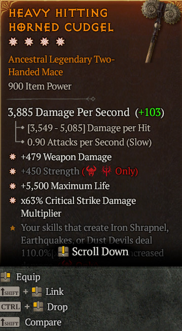 Diablo 4 Eternal SC 4GA Mace Weapon Damage Strength Max life Critical Damage