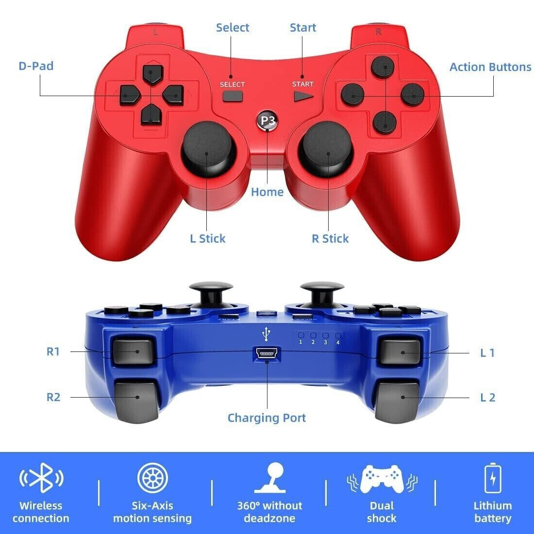 2x Wireless Bluetooth Video Game Controller Pad For PS3 Playstation 3,Black