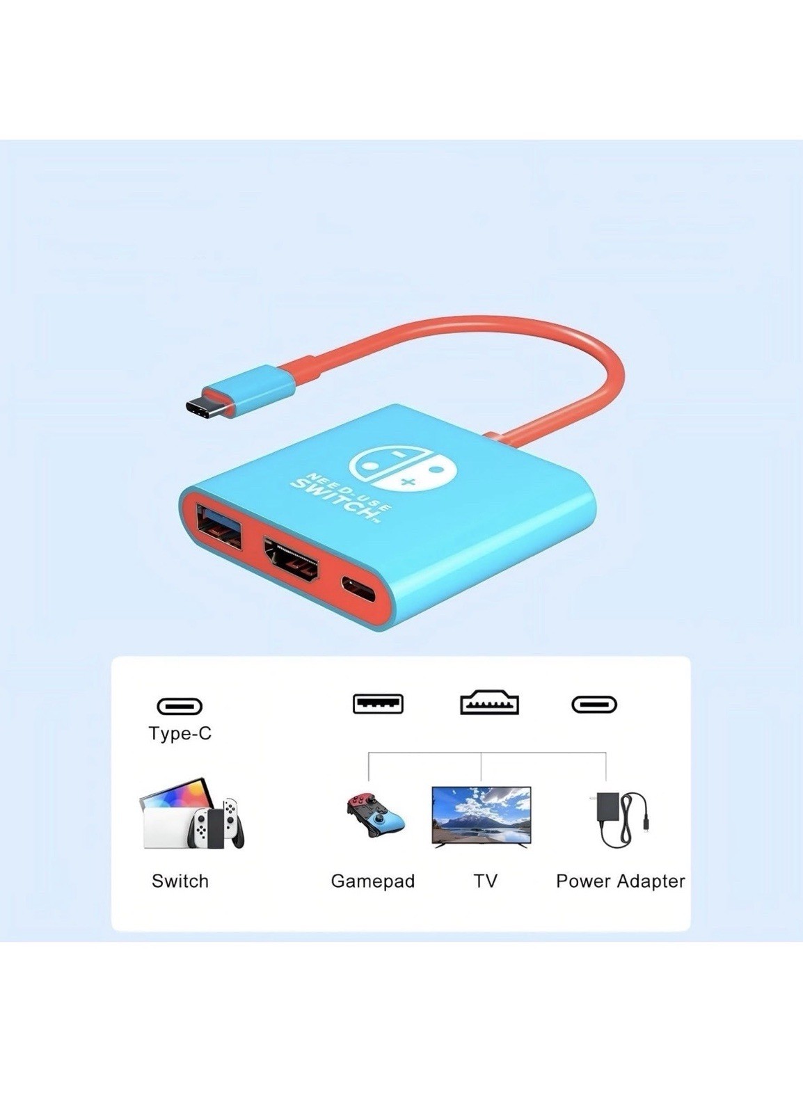Nintendo Switch Type-C Hub NEW SEALED Portable Dock Adapter 4k Blue Red 3 Ports