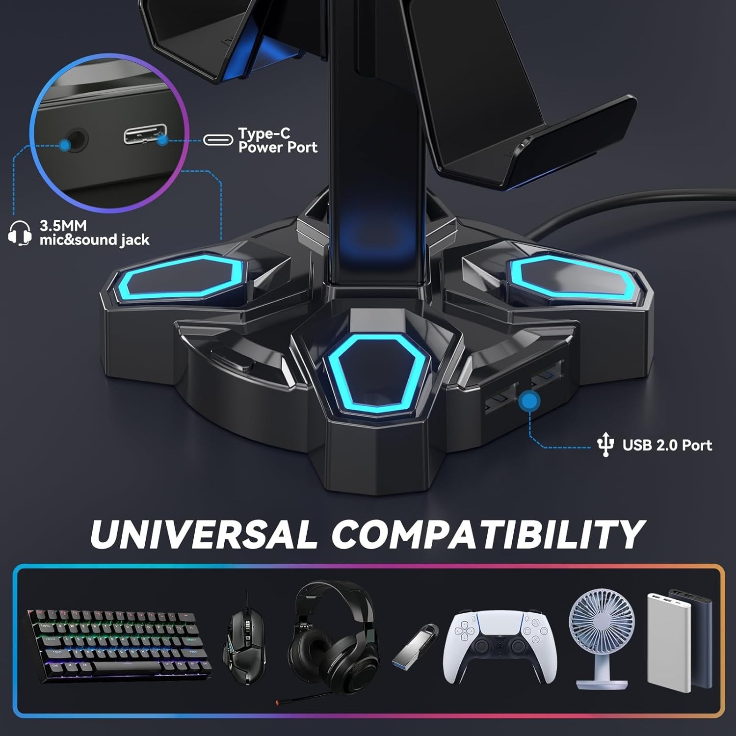 Stylish Rotating Gaming Headphone & Controller Holder with RGB Lights – Black