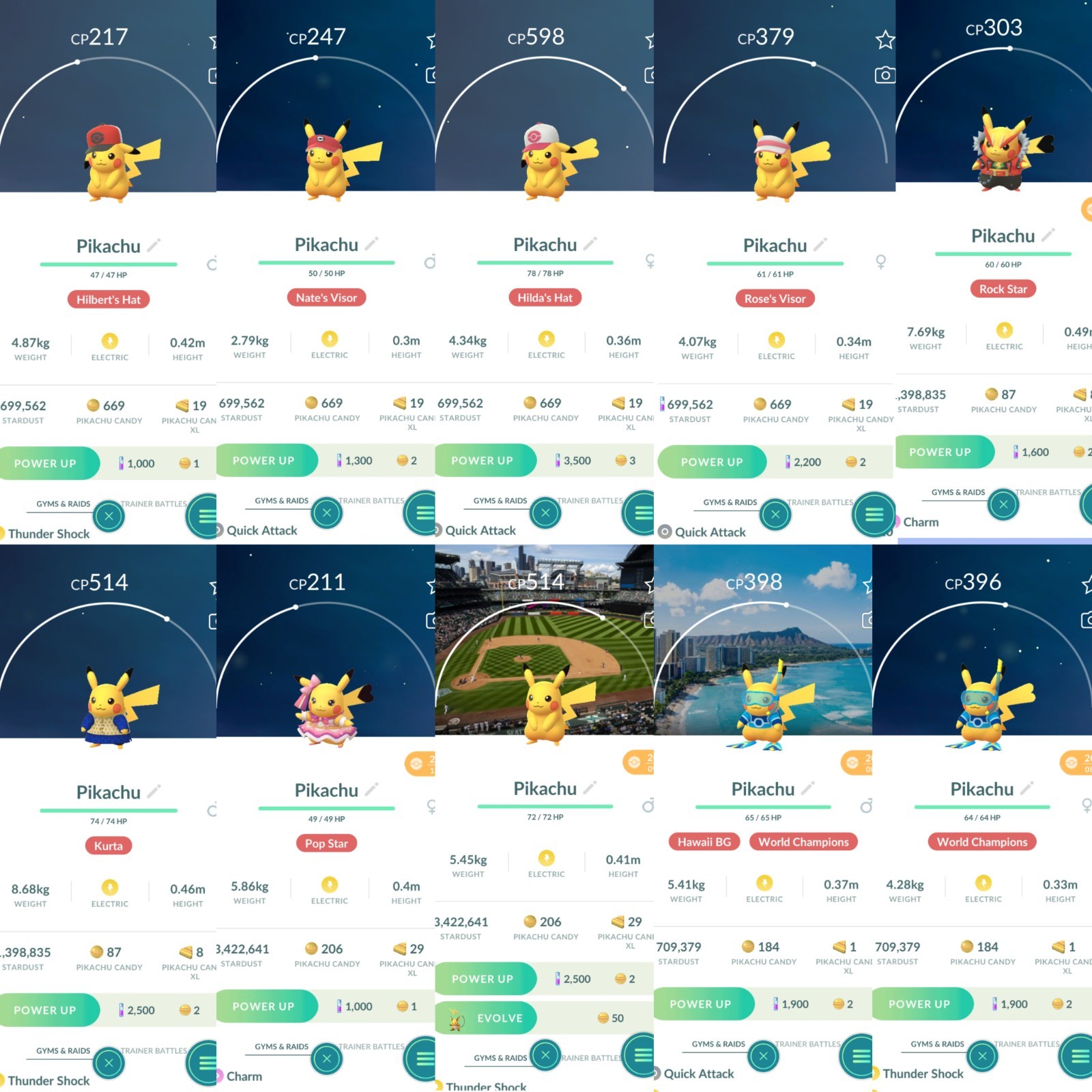 Rare Costumes Non Shiny Pikachu Pokemon trade Go (Fragment,ash,straw Hat & more)