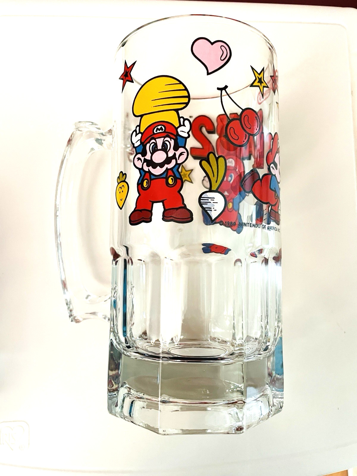 Nintendo Super Mario Bros 1989 Vntge Beer Stein Mug Glass Original Oversized 8″