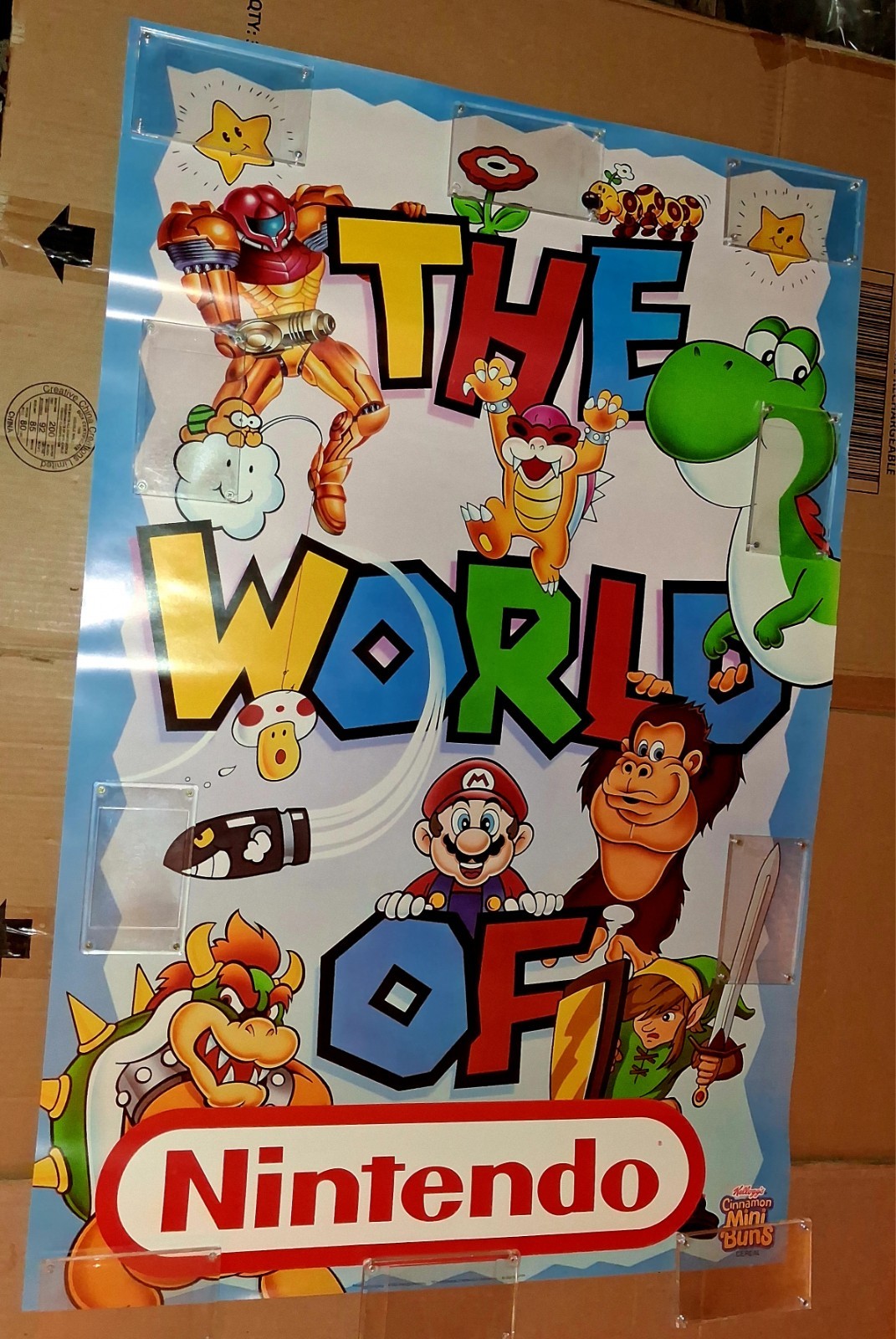 1992 WORLD OF NINTENDO VTG PROMOTIONAL POSTER KELLOGGS CINNAMON MINIBUNS 38″x25″