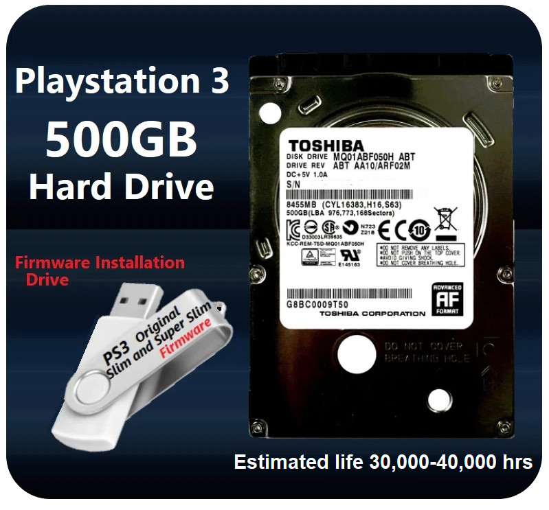 PS3 Original, Slim, Super SIim Internal Hard Drive 500GB w USB Firmware Option