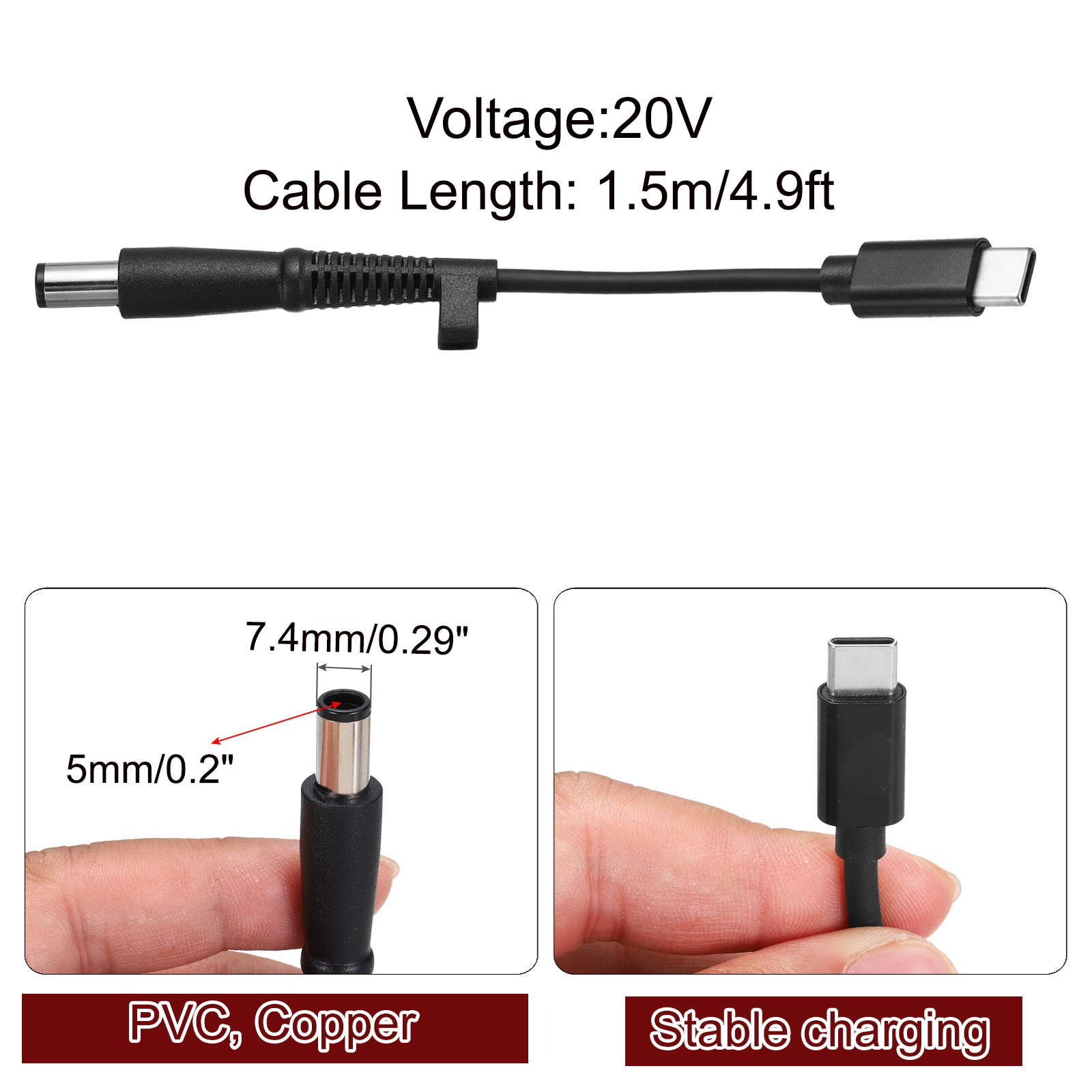 4.9FT USB C to DC PD Power Fast Charging Cables, 7.4mmx5mm 65W/20V(Black)