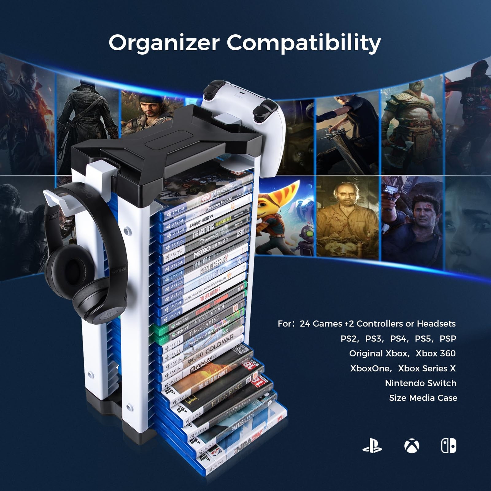 ASFSKY Video Game Storage Tower – 24 Games Holder Stand 23, Black and White