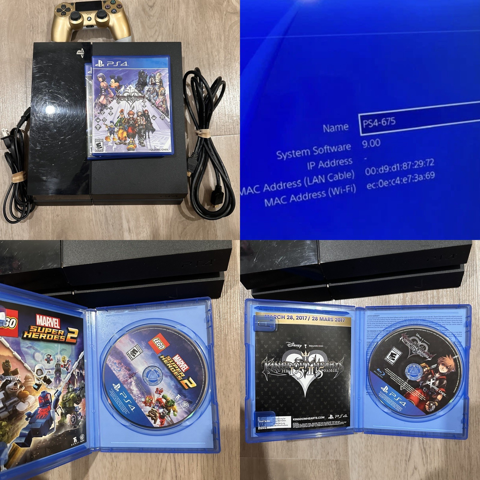 Low FW PlayStation 4 500GB Console Bundle + Controller + 2 Games + cables Tested