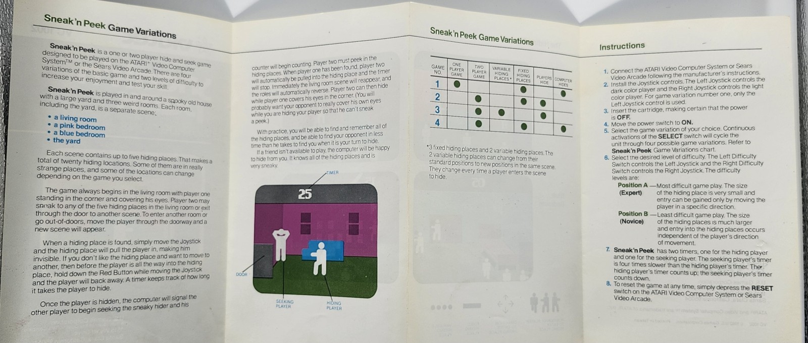 Sneak’n Peek Atari 2600 Manual 1982 VG+ Vidtec US Games Hide Seek Retro Game