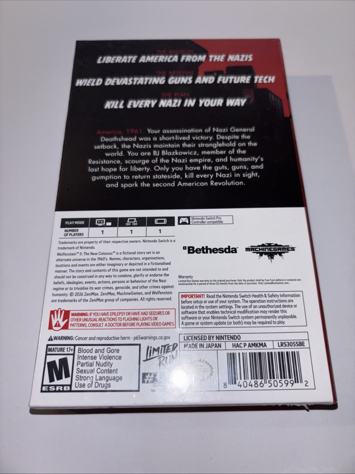 STEELBOOK EDITION WOLFENSTEIN 2 II THE NEW COLOSSUS LIMITED RUN GAMES U.S. ESRB