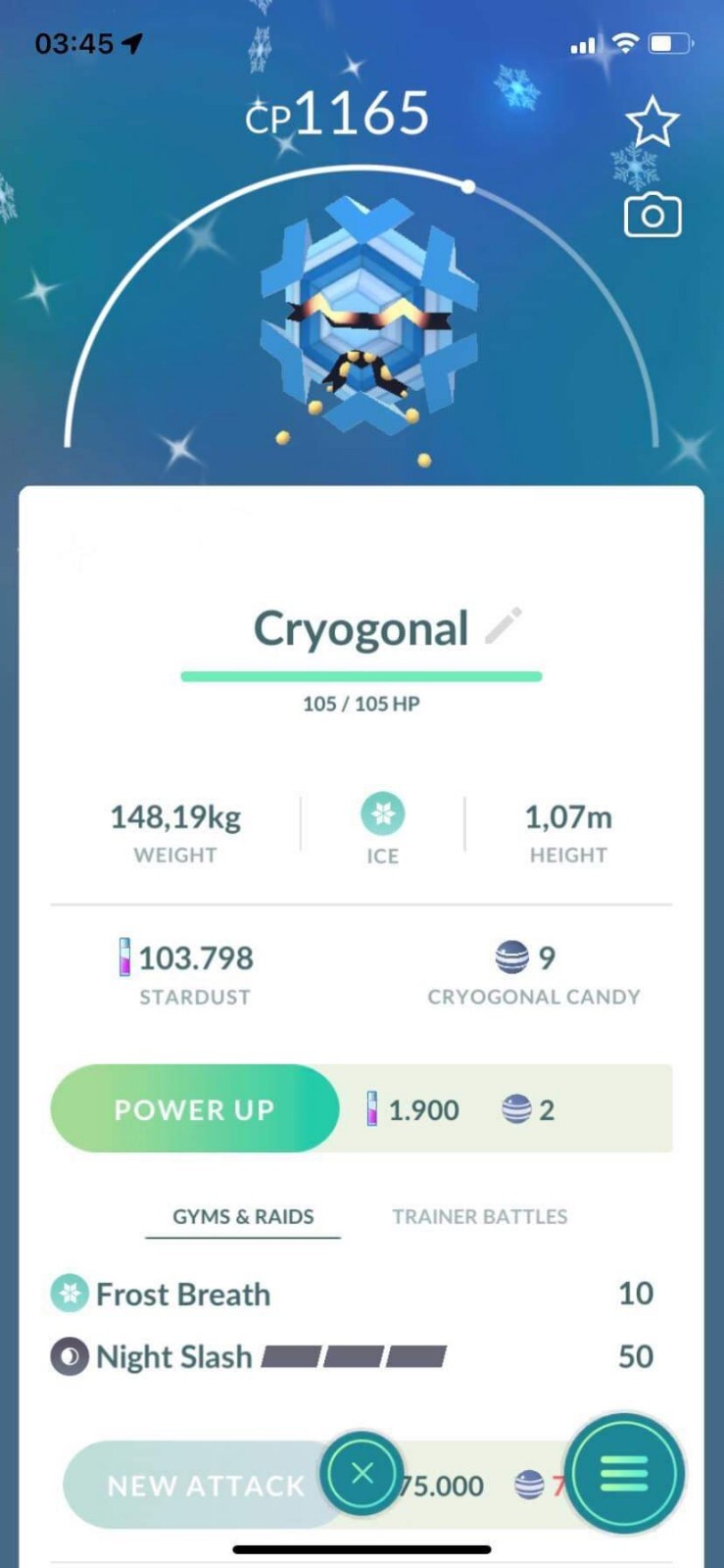 Shiny Cryogonal – TRADE 20kstardust – Registered shiny Cryogonal already require