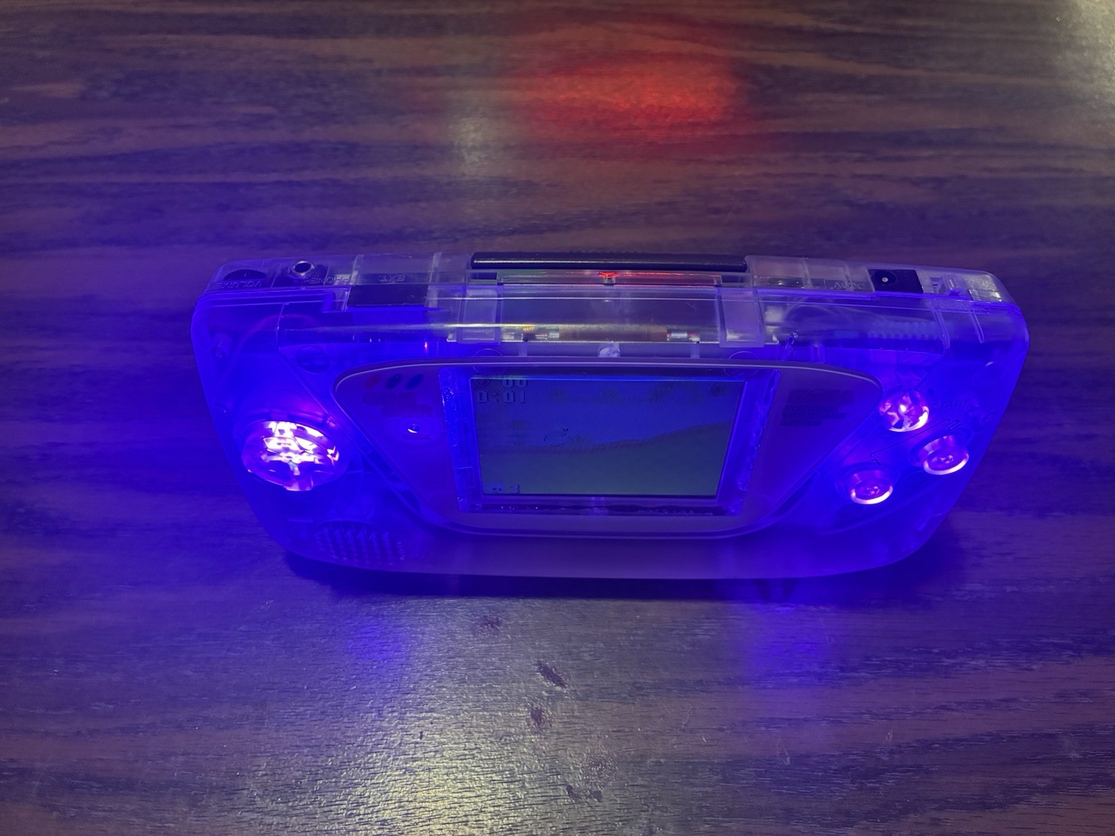 Sega game gear custom modded purple LEDs IPS Screen Recapped Clear shell