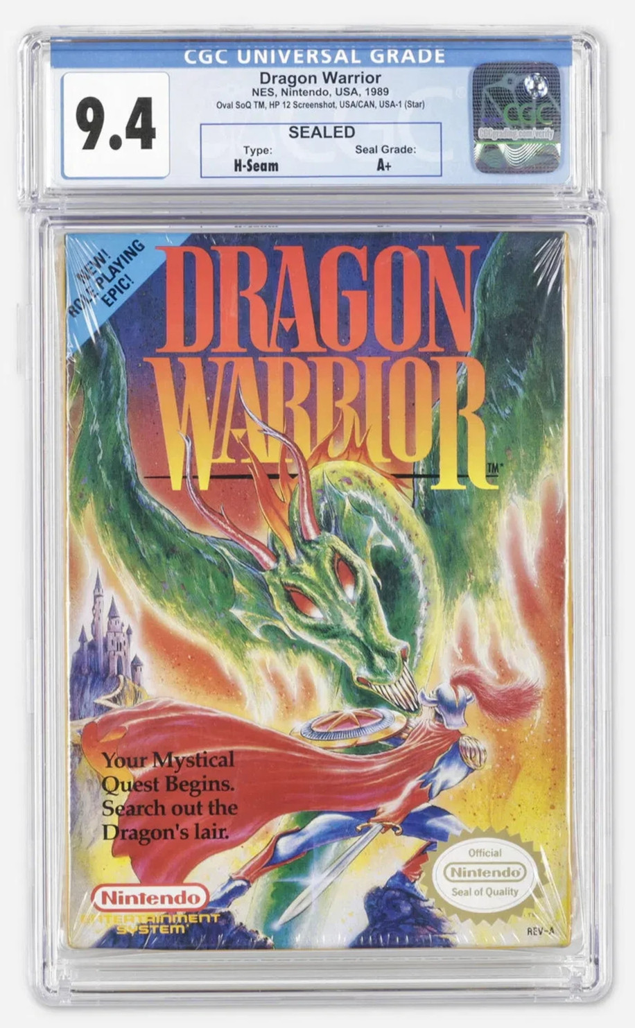 1989 Nintendo NES Dragon Warrior CGC 9.4 Sealed A+ Oval SOQ TM, Rev-A
