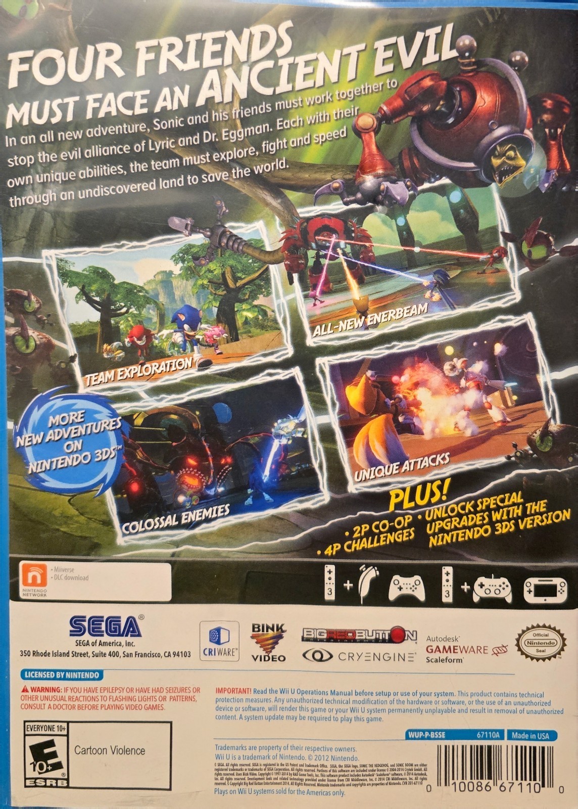Sonic Boom: Rise of Lyric (Nintendo Wii U, 2014) COMPLETE disk/case/manual