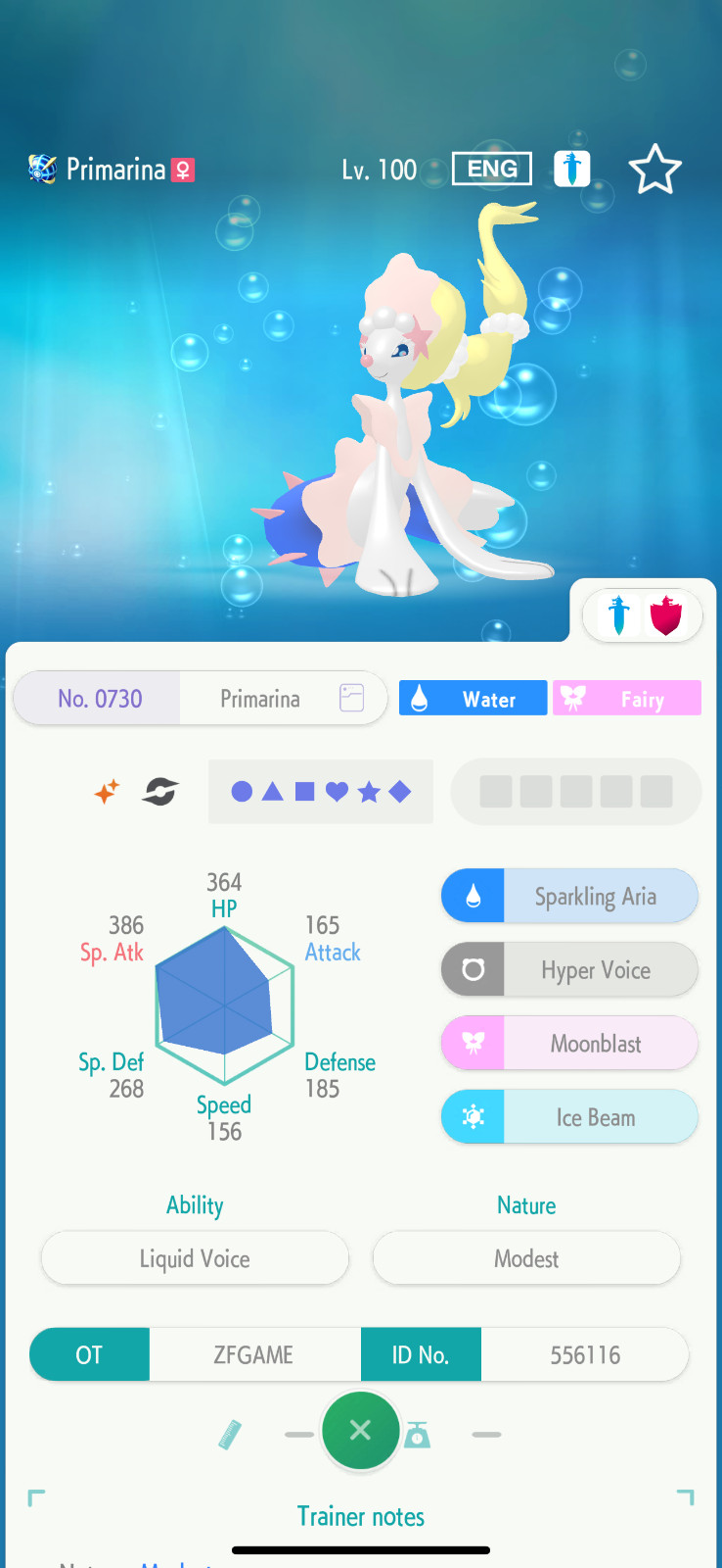 ✨6IV SHINY Primarina + EVS🚀 POKEMON HOME✨Champions✨Online delivery⚡