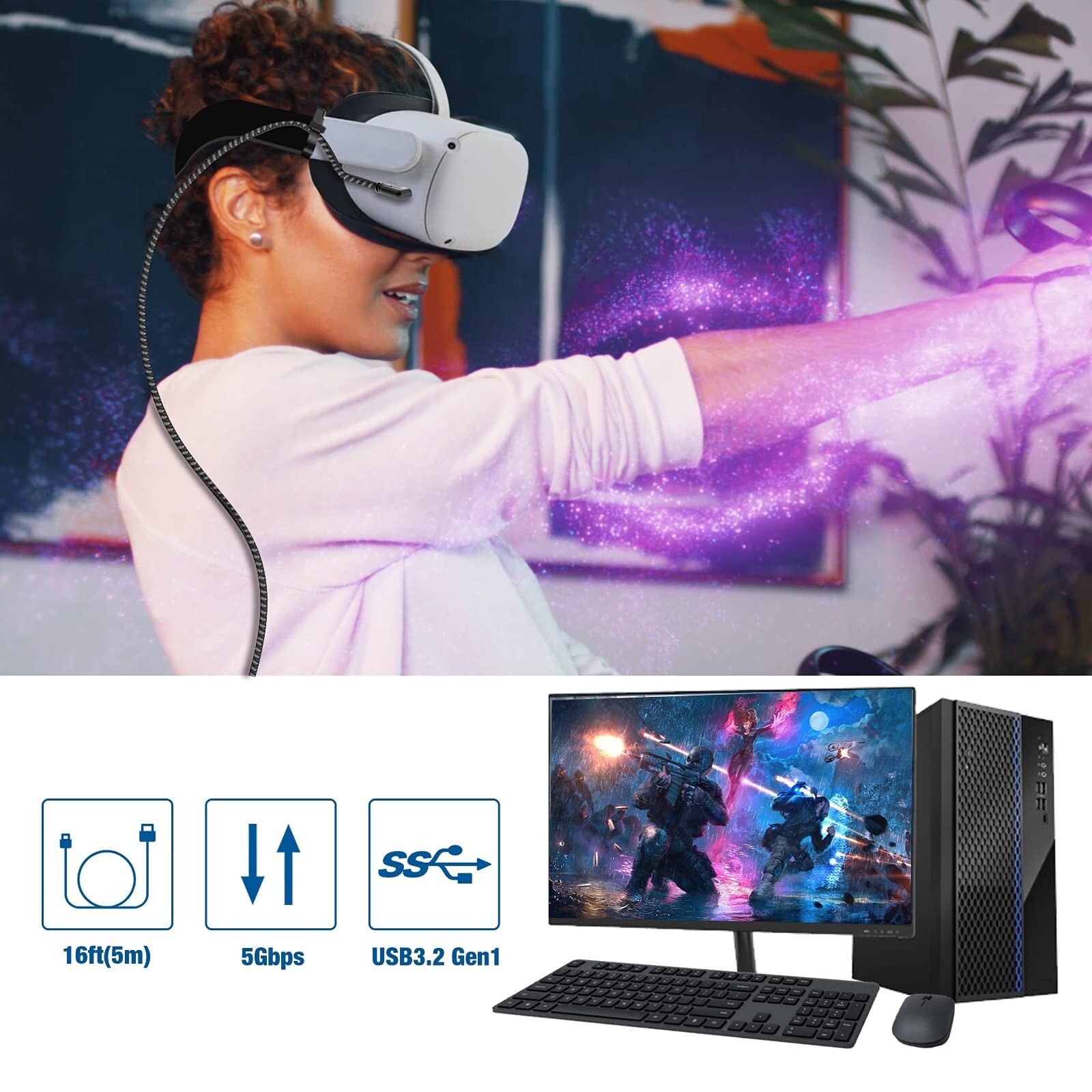 USB A to C 16FT Compatible for Oculus / Quest 2/Pro, for VR Headset Gaming