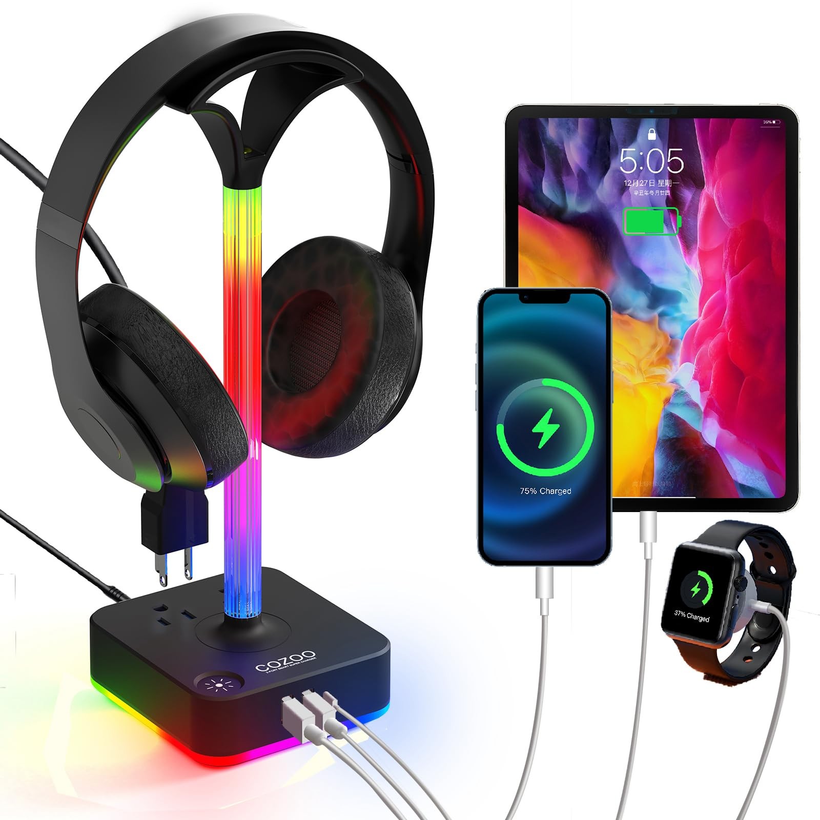 cozoo RGB Headphone Stand with Charger 3 9.86*4.1*3.9 in, Gaming Lights