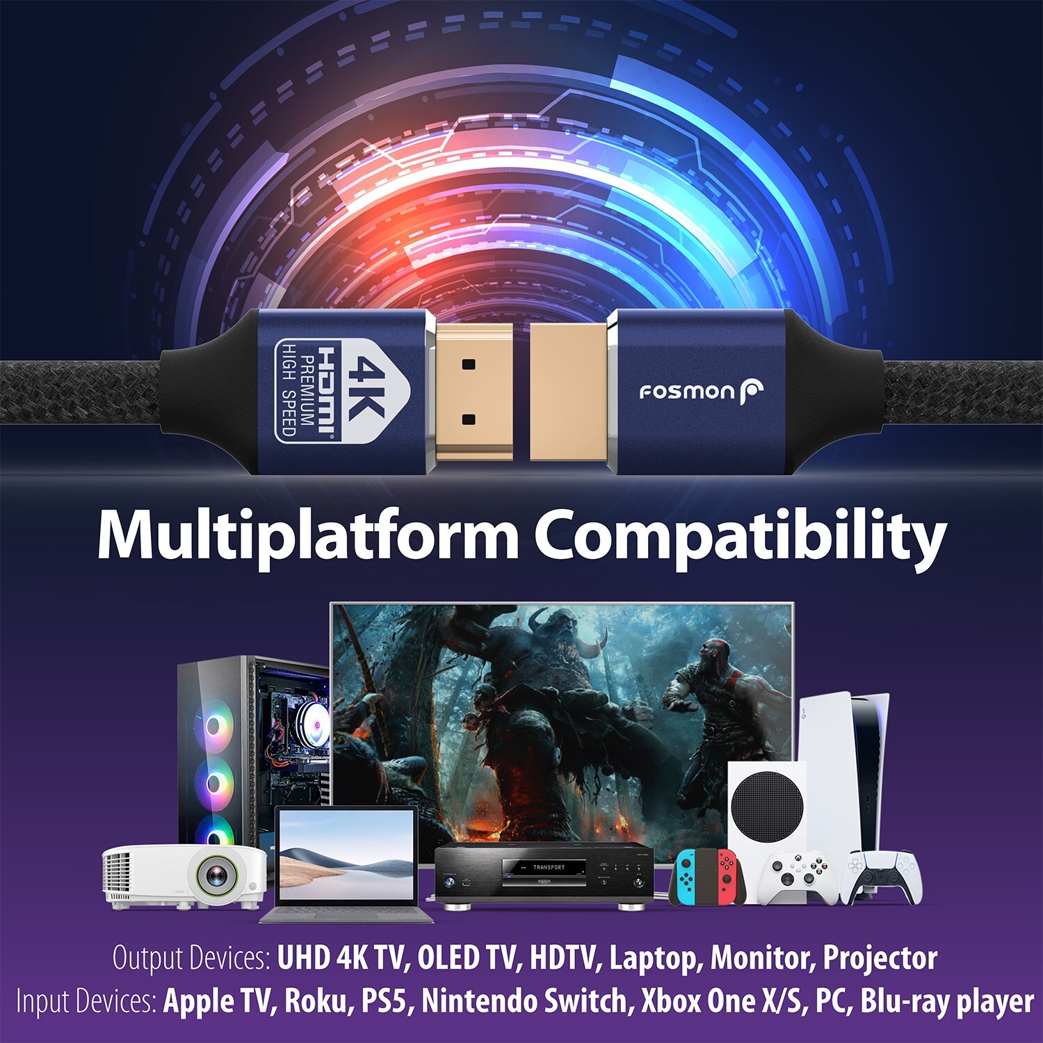 Fosmon [6FT][4K UHD|3D Ready] Gold Plated High Speed Ethernet HDMI 2.0 Cable