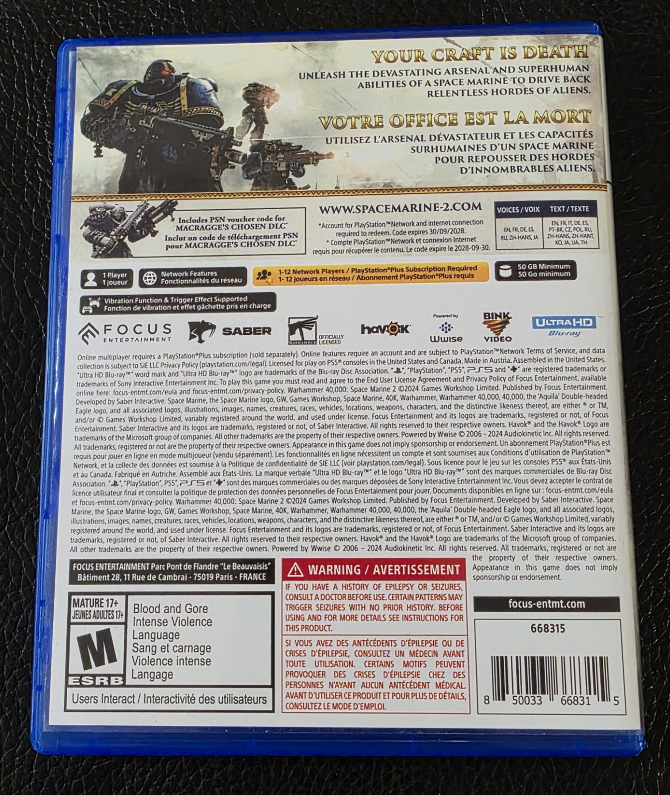 Replacement Case (NO GAME) Warhammer 40,000 Space Marine 2 PlayStation PS5