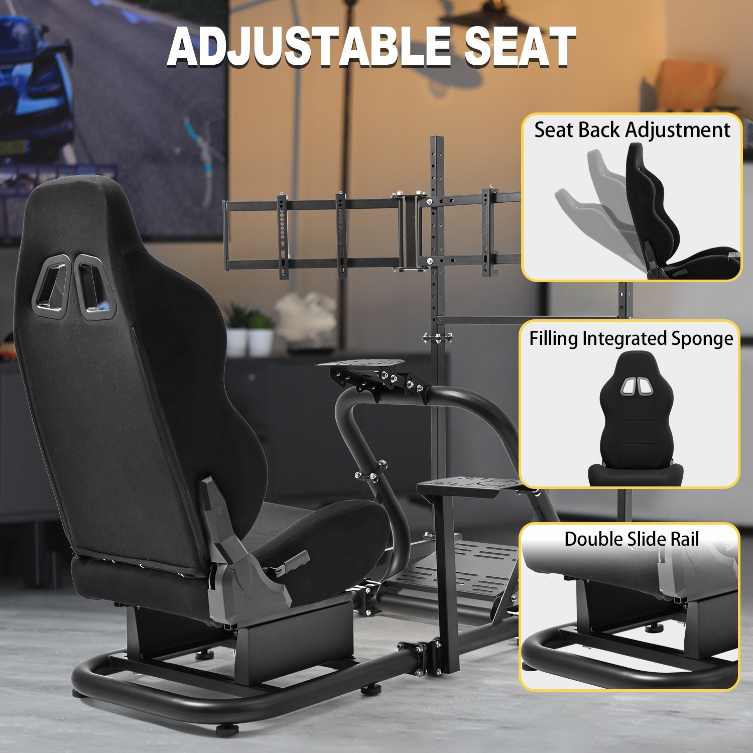 Marada Racing Simulator Cockpit With Seat &Triple Monitor Stand Fit Logitech G29