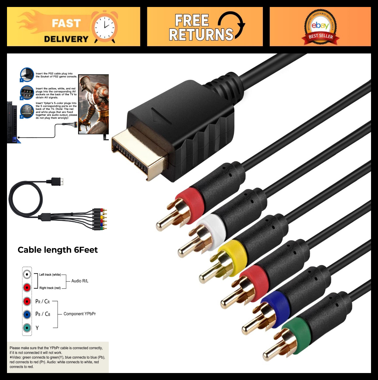 Ypbpr Component & RCA Composite Video Cable for PS1/PS2/PS3 – 6ft, 2-in-1, Premi